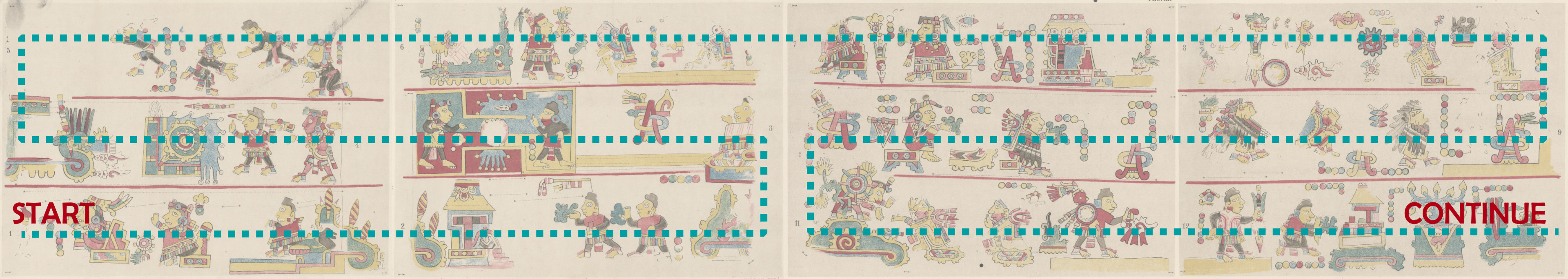 First four sheets of the Codex Colombino with a turquoise line demonstrating how to read the codex.