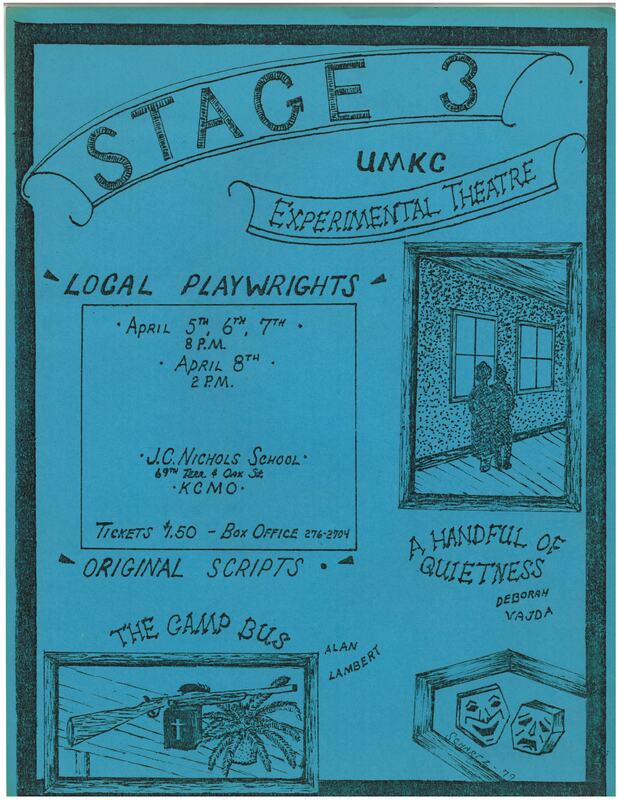 A blue poster with black lettering and illustrations. It advertises two productions of the UMKC Experimental Theatre, A Handful of Quietness and the Camp Bus, and has a small illustration for each play.