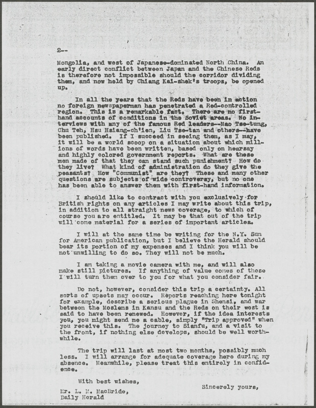 Letter describing Snow's upcoming trip to Shansi and Shensi province, China