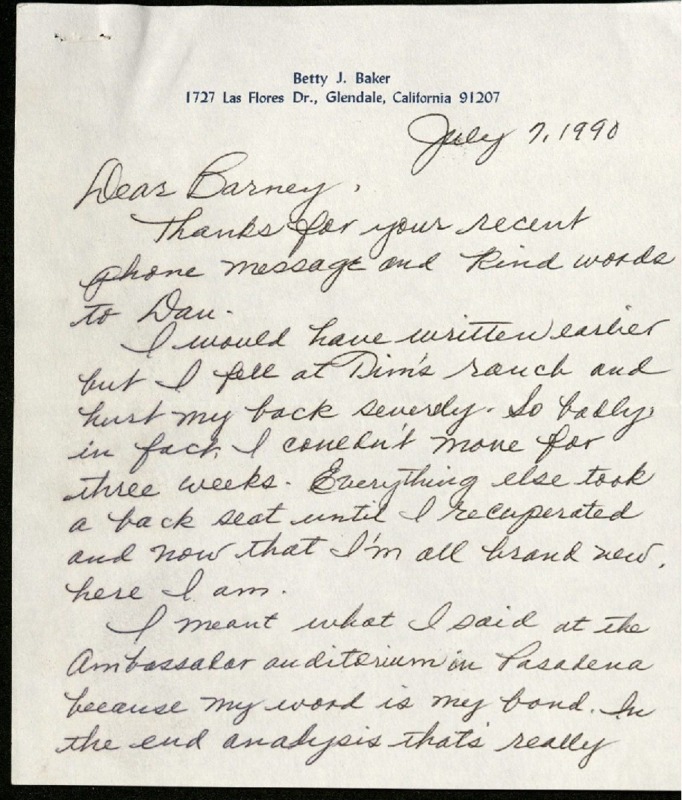 Letter from B.J. Baker to Barney Kessel