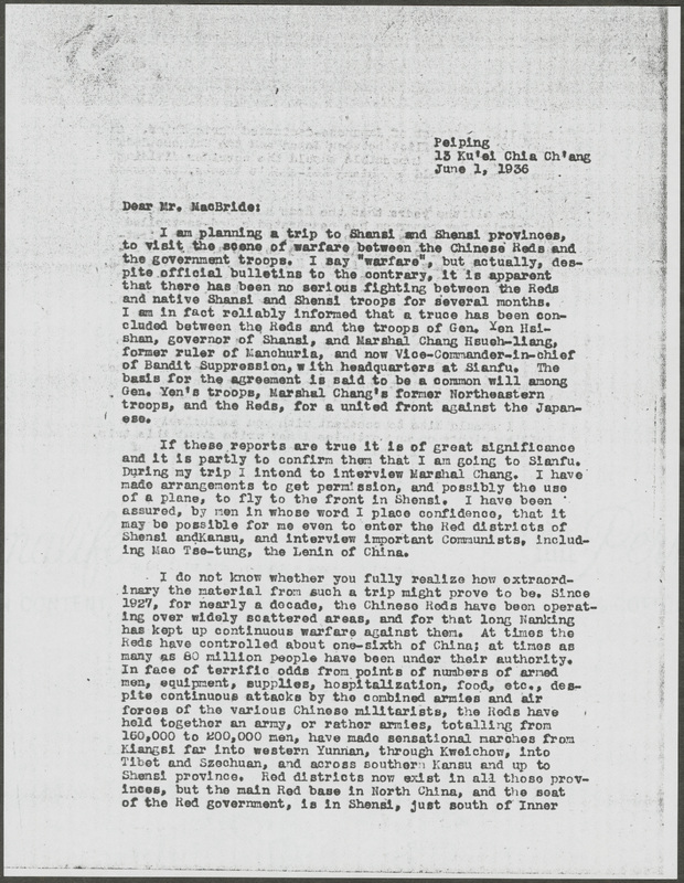 Letter describing Snow's upcoming trip to Shansi and Shensi province, China