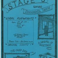 A blue poster with black lettering and illustrations. It advertises two productions of the UMKC Experimental Theatre, A Handful of Quietness and the Camp Bus, and has a small illustration for each play.