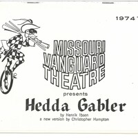 A theatre program for a 1974 Missouri Vanguard Theatre touring production of Hedda Gabler by Henrik Ibsen, adapted by Christopher Hampton. The program cover has a small illustration of a harlequin riding a unicycle and carrying stage equipment.