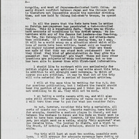 Letter describing Snow's upcoming trip to Shansi and Shensi province, China