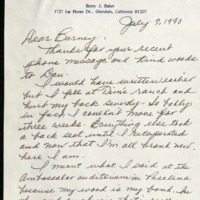 Letter from B.J. Baker to Barney Kessel